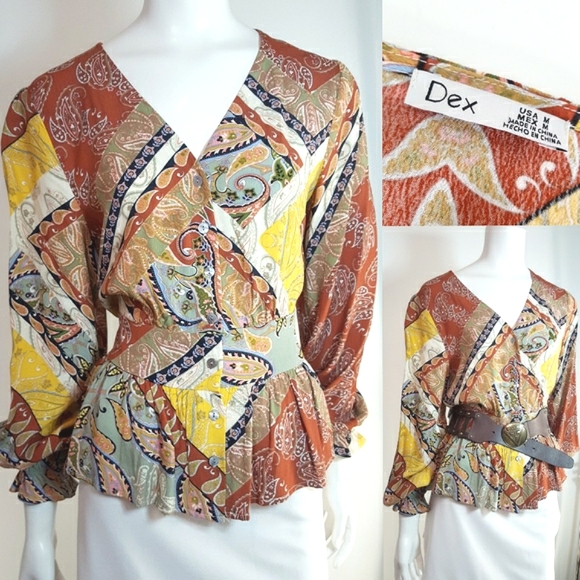 DEX🍂Multicolor Paisley Balloon Long Sleeves Peplum Blouse/ Top - Picture 3 of 10